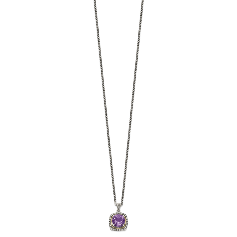 Sterling Silver with 14K Accent 18 Inch Antiqued Cushion Amethyst Necklace