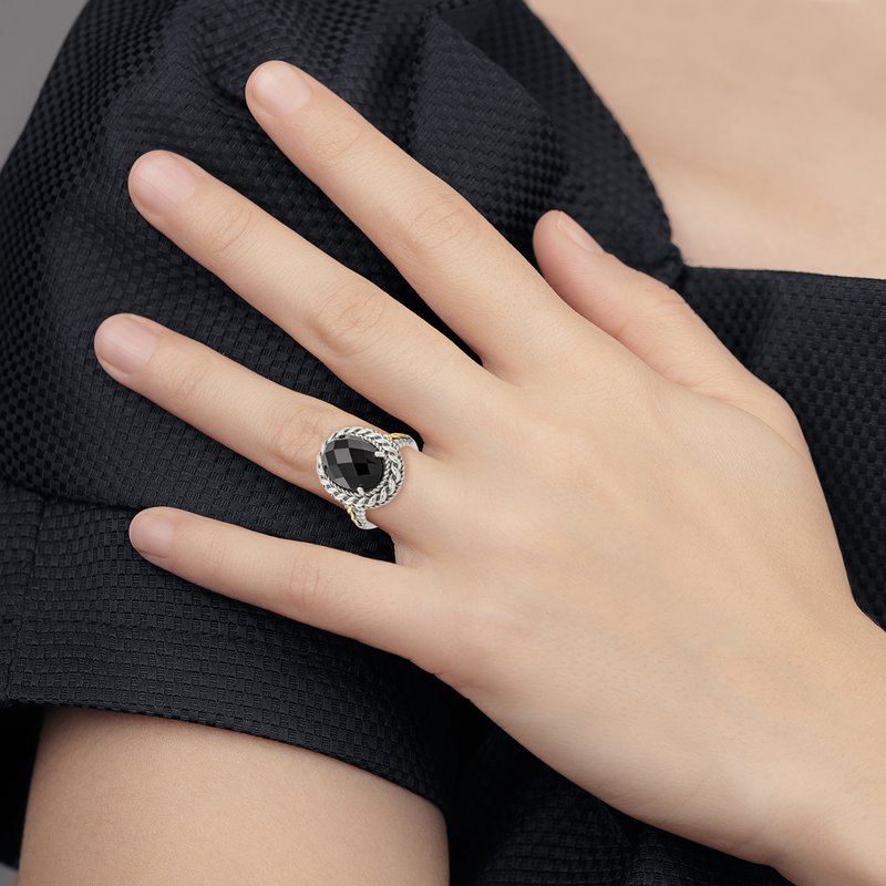 Sterling Silver with 14K Accent Antiqued Checkerboard-cut Black Onyx Ring