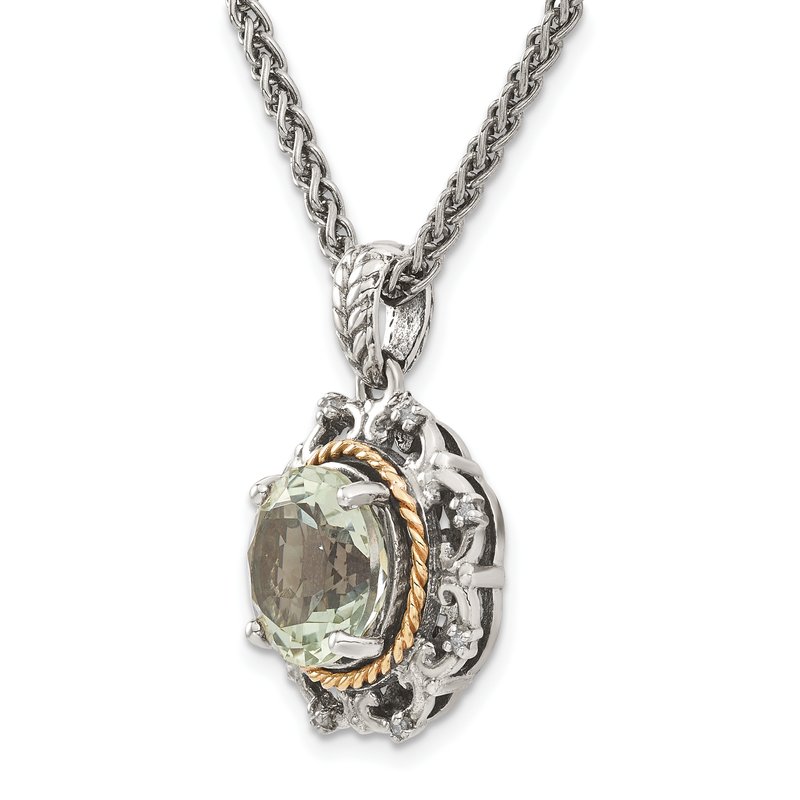 Sterling Silver with 14K Accent 18 Inch Antiqued Round Green Quartz and Diamond Necklace