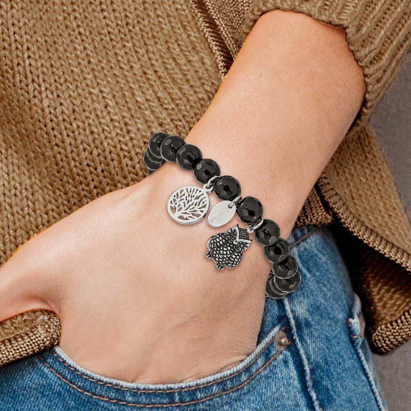 Stainless Steel Antiqued and Polished Owl and Tree of Life 8mm Black Jade Beaded Stretch Bracelet