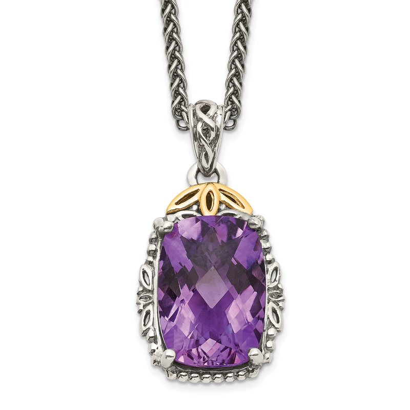 Sterling Silver with 14K Accent 18 Inch Antiqued Cushion Amethyst Necklace