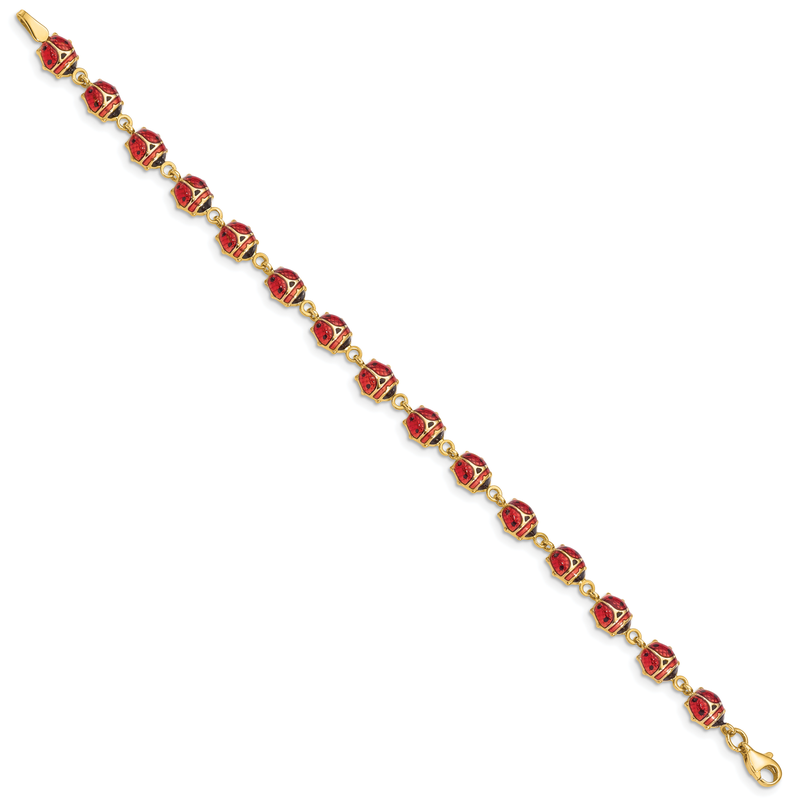 14K Red and Black Enamel and Resin Ladybug 7 inch Bracelet