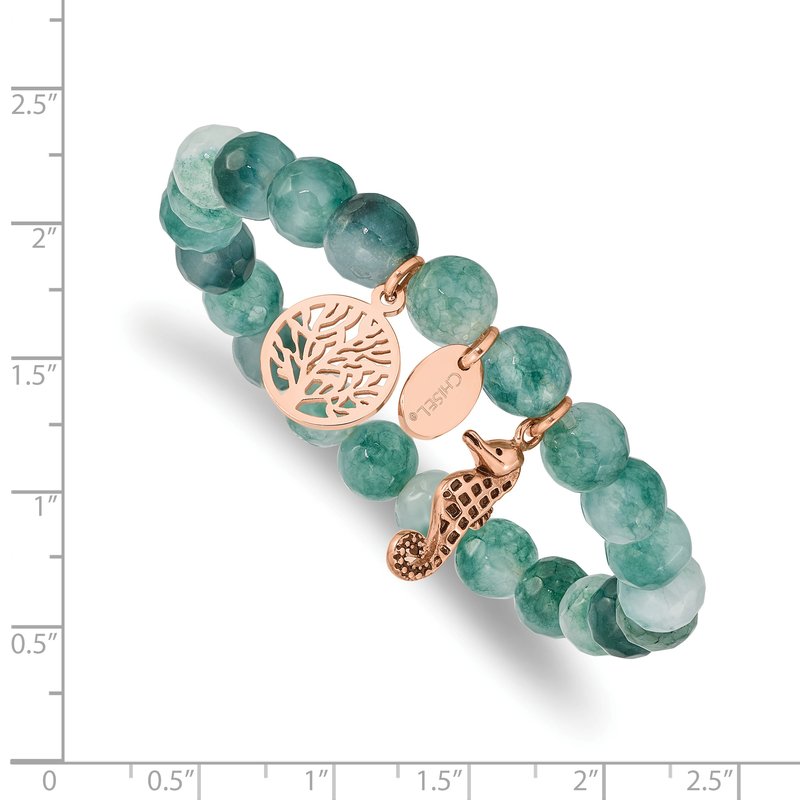 Stainless Steel Antiqued and Polished Rose IP-plated Seahorse and Tree of Life 8mm Green Dyed Jade Beaded Stretch Bracelet