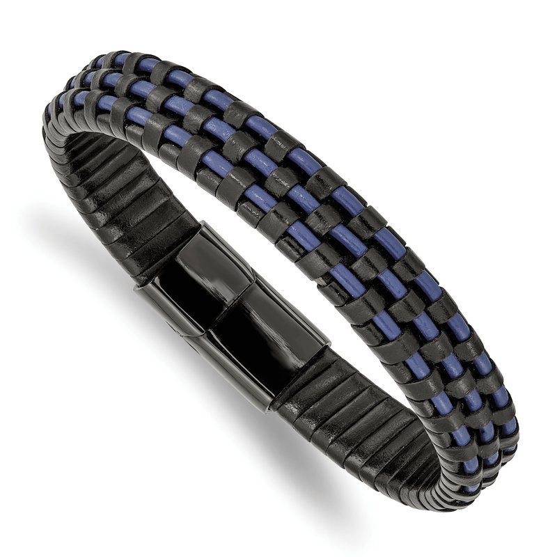 Stainless Steel Polished Black IP-plated and  Black and Blue Leather 8.25 inch Bracelet