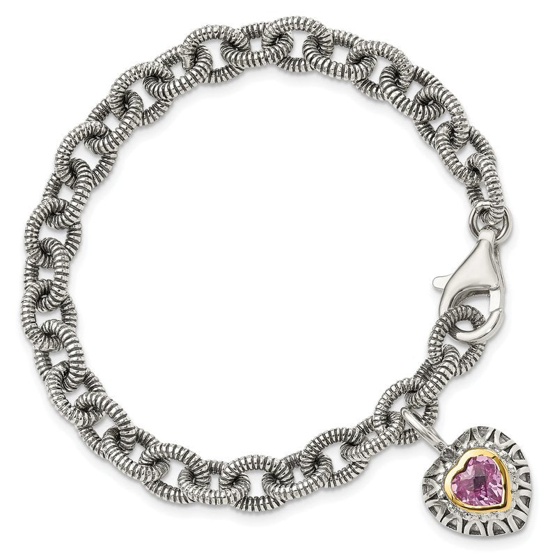 Sterling Silver with 14K Accent 7.5 Inch Antiqued Heart Bezel Created Pink Sapphire Heart Charm Bracelet