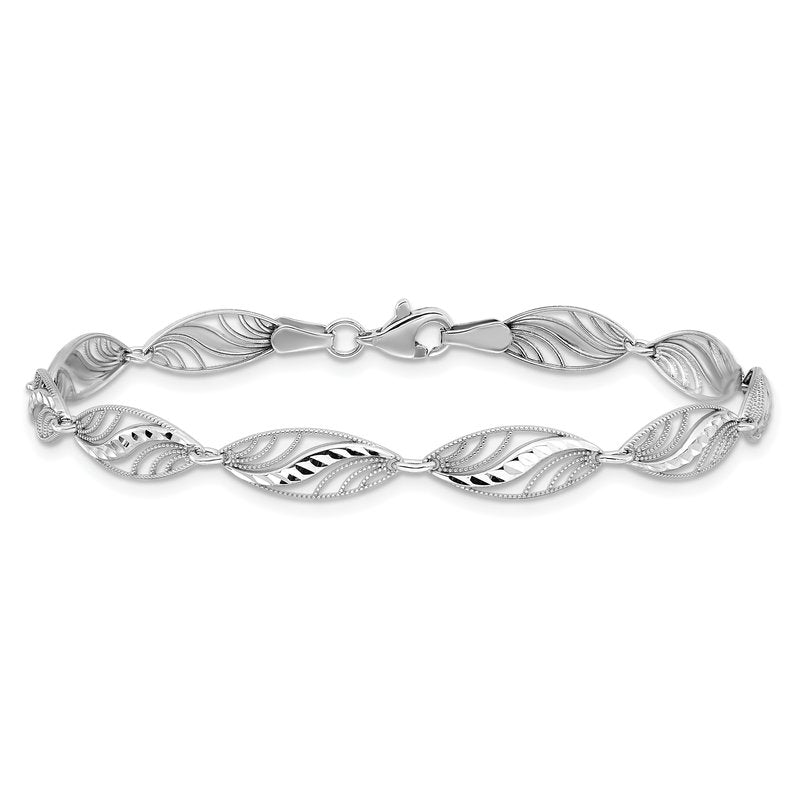 14k White Gold Oval Filigree Diamond-cut 7.25 inch Bracelet