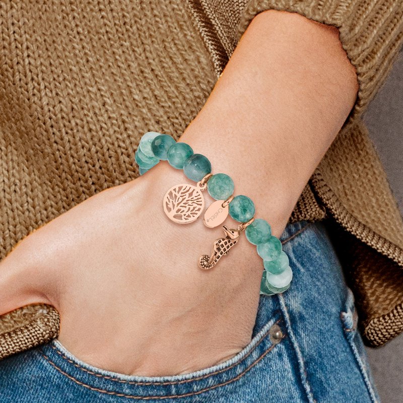 Stainless Steel Antiqued and Polished Rose IP-plated Seahorse and Tree of Life 8mm Green Dyed Jade Beaded Stretch Bracelet