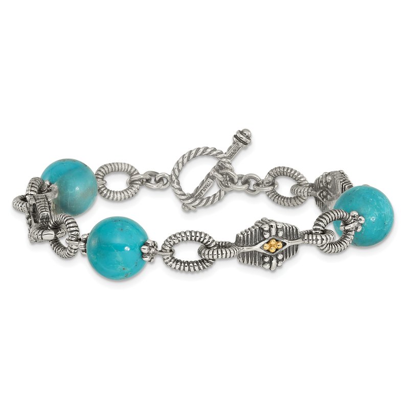 Sterling Silver with 14K Accent 7.25 Inch Antiqued Reconstructed Turquoise Bracelet
