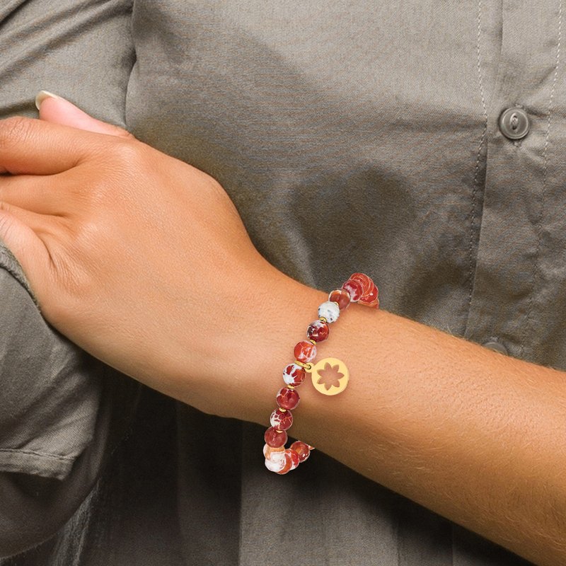 Stainless Steel Polished Yellow IP-plated Flower 6mm Orange Agate Beaded with Tassel Stretch Bracelet