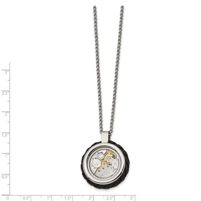 Stainless Steel Brushed and Polished Yellow IP-plated with CZ and Leather Edge Pendant on a 22 inch Cable Chain Necklace