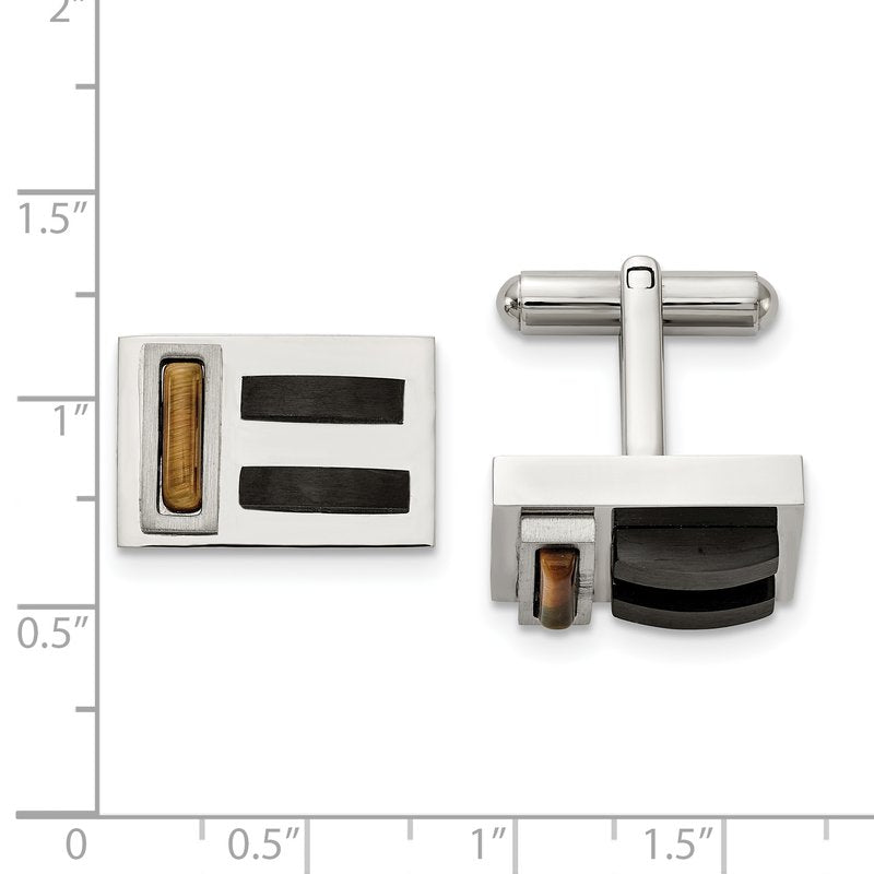 Stainless Steel Brushed and Polished Black IP-plated with Tiger's Eye Cufflinks