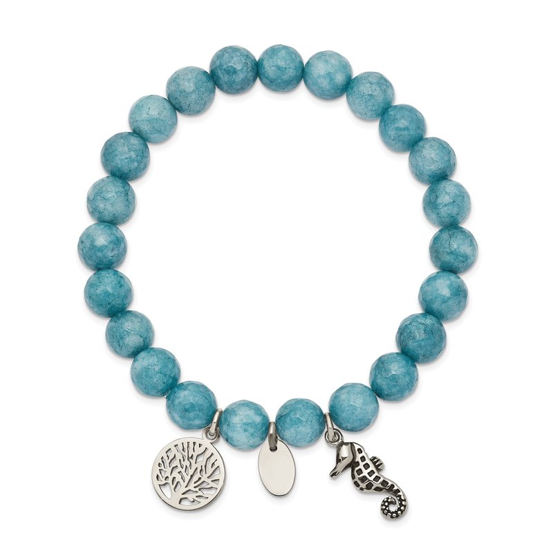 Stainless Steel Antiqued and Polished Seahorse and Tree of Life 8mm Blue Dyed Jade Beaded Stretch Bracelet