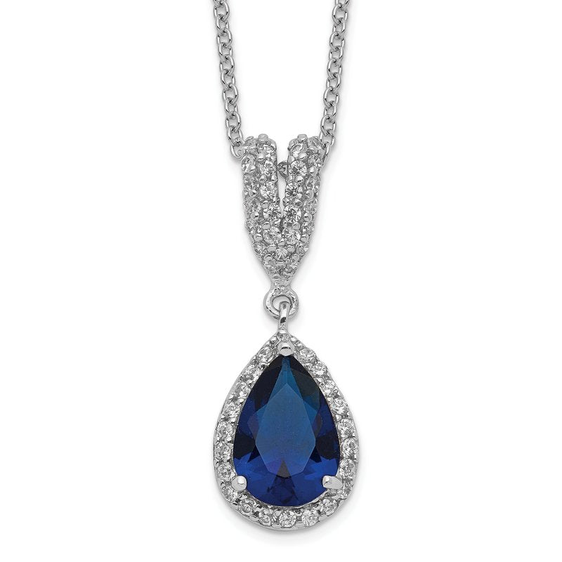 Sterling Silver Rhodium-plated Brilliant-cut Lab Created Dark Blue Spinel and Brilliant-cut White CZ Teardrop Halo 18 Inch Necklace