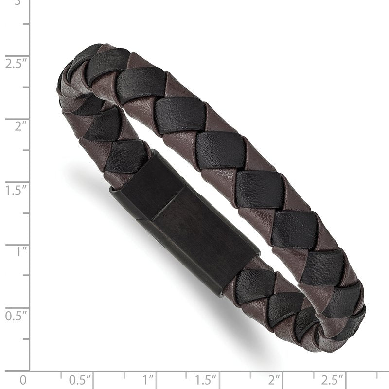 Stainless Steel Brushed Black IP-plated Black and Brown Leather 8.25 inch Bracelet