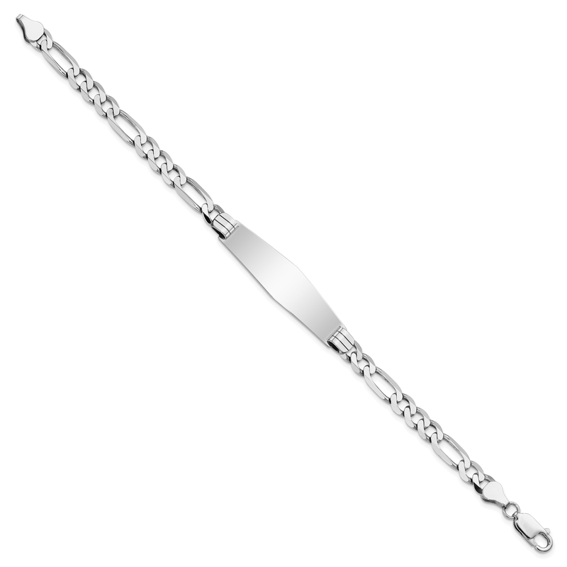 14k White Gold Polished Solid Chain/Solid Plate Figaro Link Soft Diamond Shape 38.5x10mm Plate 8 inch ID Bracelet