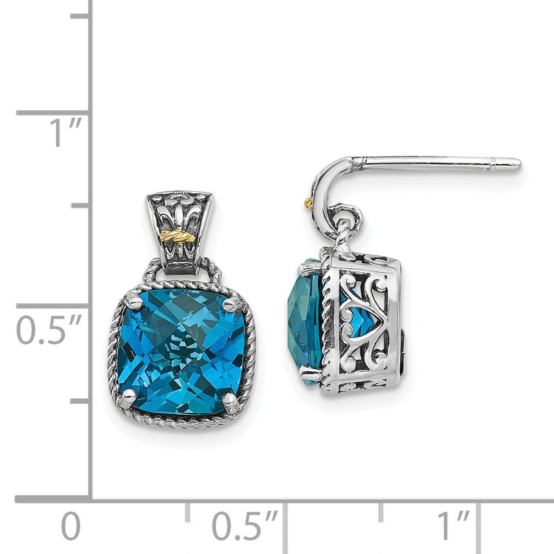 Sterling Silver with 14K Accent Antiqued Cushion London Blue Topaz Post Dangle Earrings