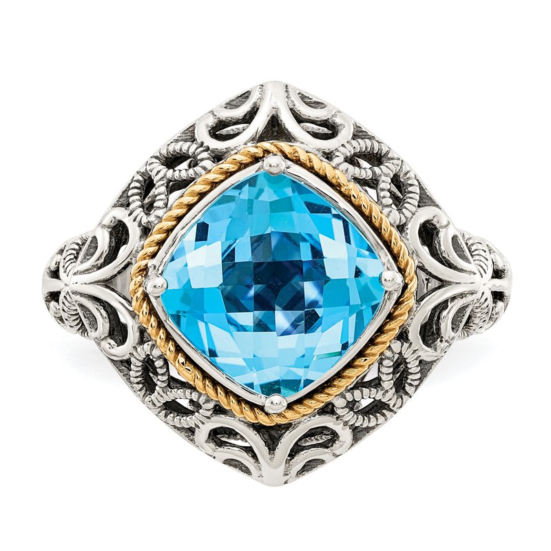Sterling Silver with 14K Accent Antiqued Cushion Blue Topaz Ring