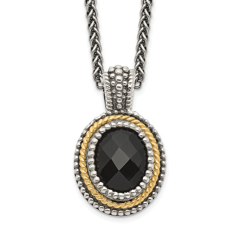 Sterling Silver with 14K Accent 18 Inch Antiqued Checkerboard-cut Black Onyx Necklace