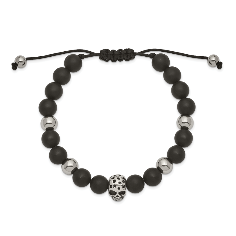 Stainless Steel Antiqued and Polished Skull Black Onyx Beaded Black Macrame Adjustable Bracelet