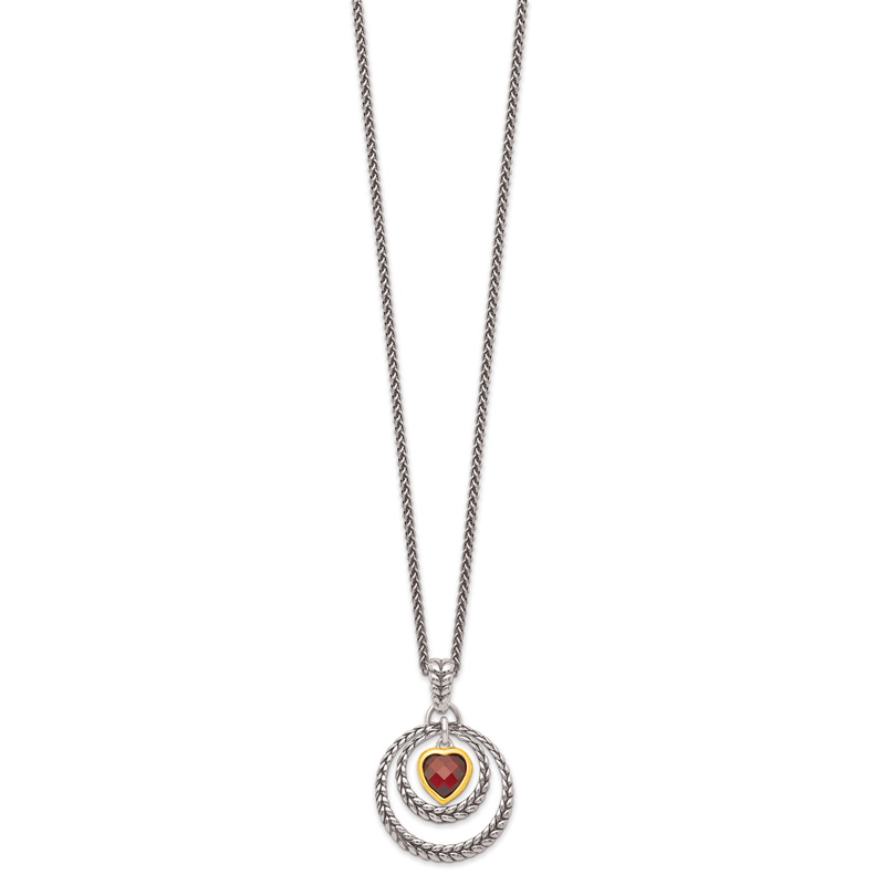 Sterling Silver Gold-tone Flash Gold-plated 18 Inch Antiqued Checkerboard Garnet Heart Necklace