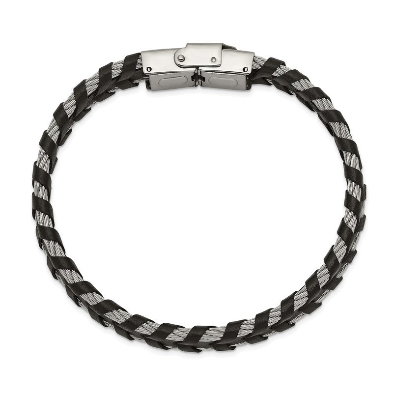 Stainless Steel Polished Cable and Black Leather 8.25 inch Bracelet