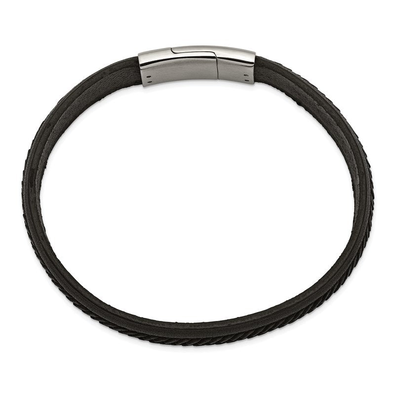 Stainless Steel Polished Textured Black Italian Leather 8.75 inch Bracelet