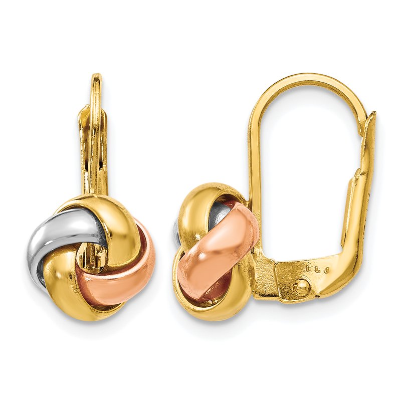 14K with White Rhodium and Rose Gold Plated Polished Love Knot Leverback Earrings