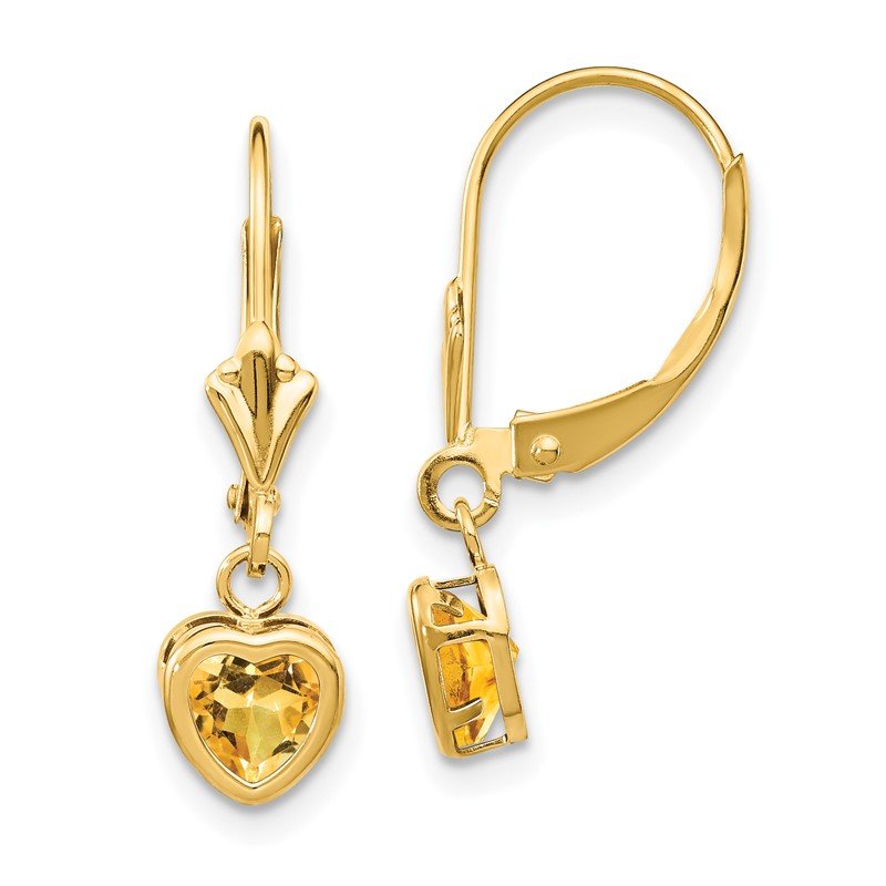 14k 5mm Heart Citrine Bezel Leverback Dangle Earrings