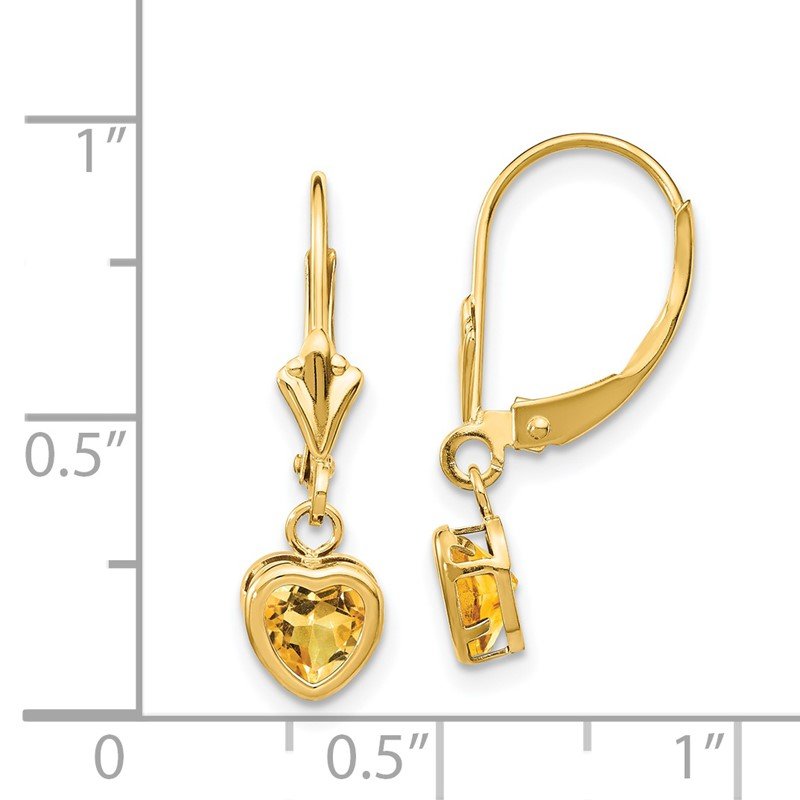 14k 5mm Heart Citrine Bezel Leverback Dangle Earrings