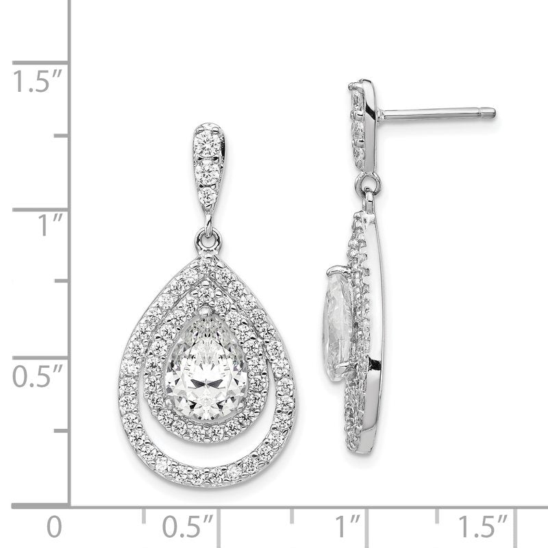 Sterling Silver Rhodium-plated Brilliant-cut Pear Shaped CZ Double Halo Post Dangle Earrings
