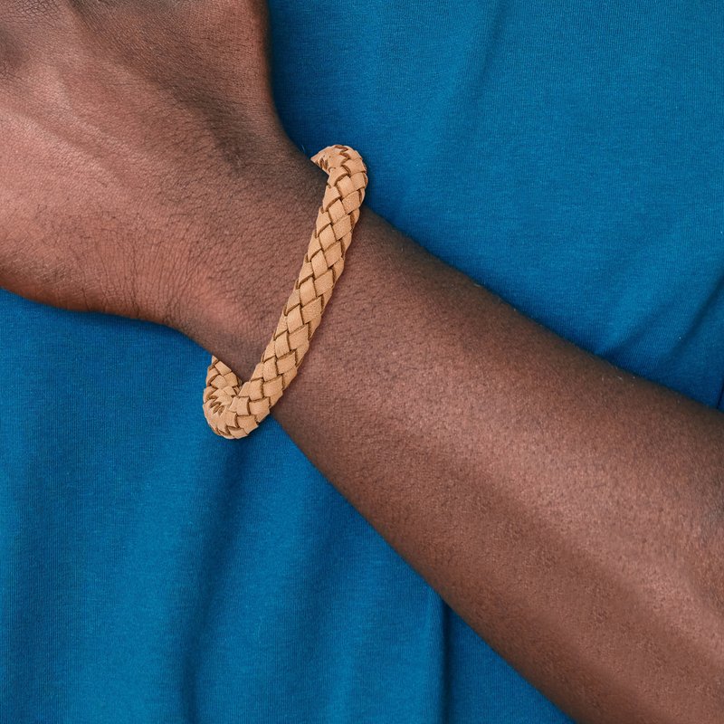 Stainless Steel Polished Light Tan Braided Leather 8.5 inch Bracelet