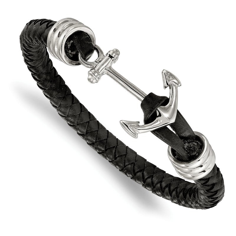 Stainless Steel Polished Anchor Black Braided Leather 8.5 inch Bracelet