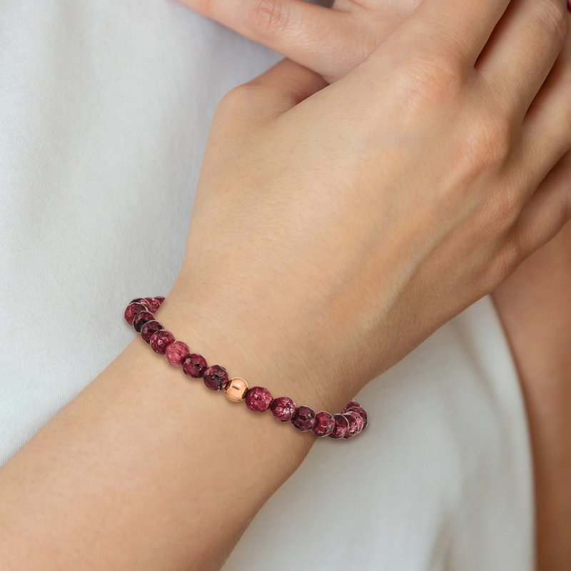 Stainless Steel Polished Rose IP-plated 6mm Red Jade Beaded Stretch Bracelet
