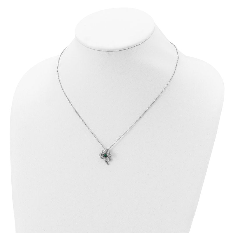 Sterling Silver Rhodium-plated Brilliant-cut Green Glass and Brilliant-cut White CZ Four Leaf Clover 18 Inch Necklace
