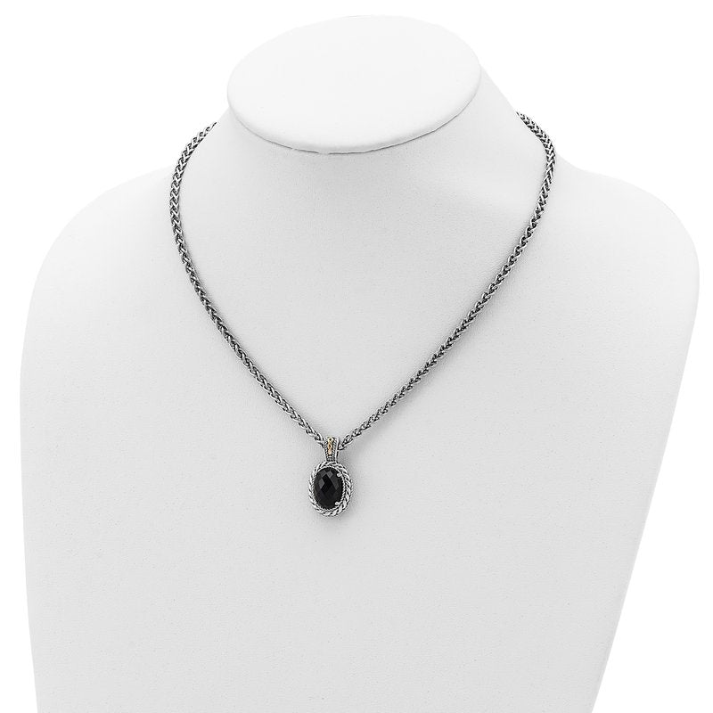 Sterling Silver with 14K Accent 18 Inch Antiqued Checkerboard-cut Black Onyx Necklace
