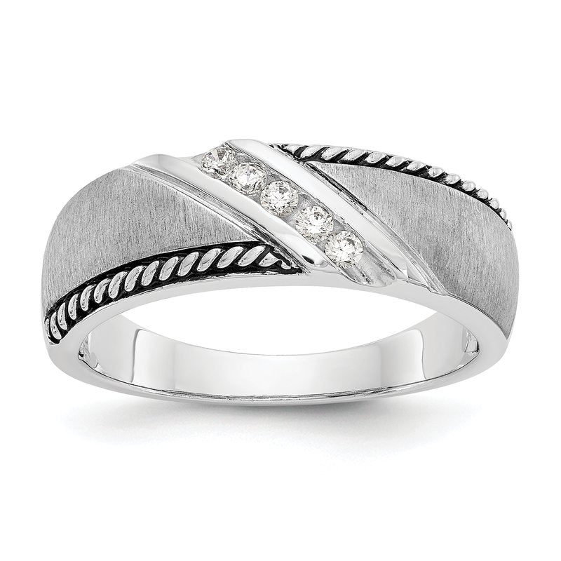 14K White Gold Men's 1/8 carat Lab Grown Diamond VS/SI  D E F  Brushed Polished Antiqued Band