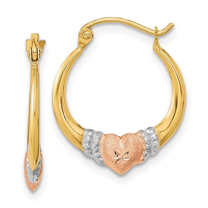 14k Two-tone w/White Rhodium Polished Satin &amp; D/C Hoop Earrings
