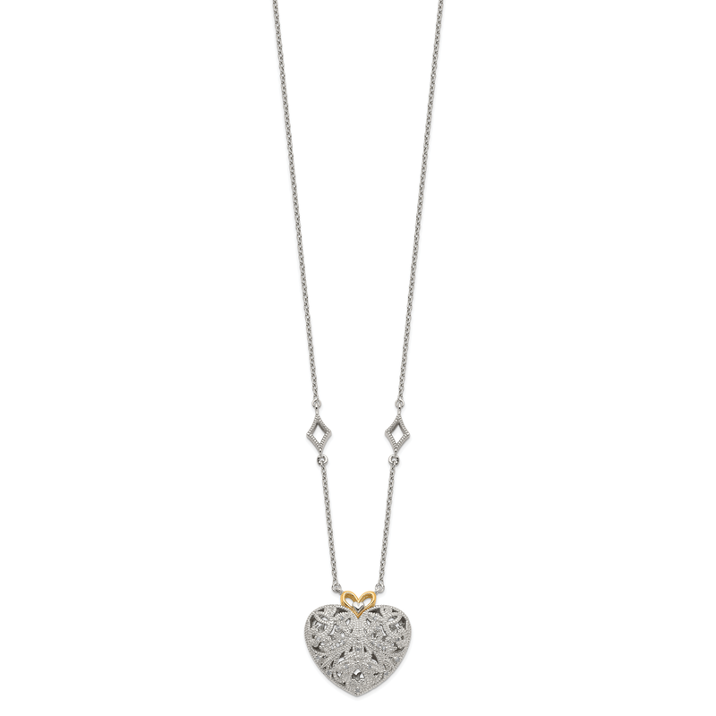 Sterling Silver Rhodium-plated with 14K Accent 18 Inch Diamond Vintage Heart Necklace