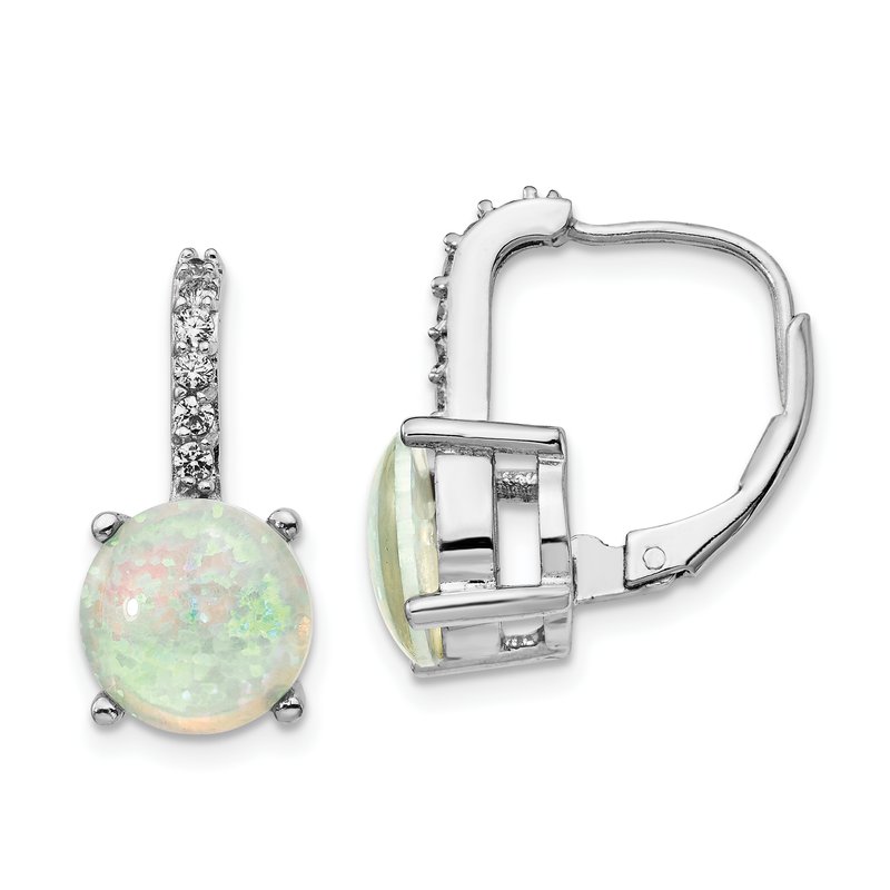 Sterling Silver Rhodium-plated Cabochon Lab Created Opal and Brilliant-cut CZ Leverback Earrings