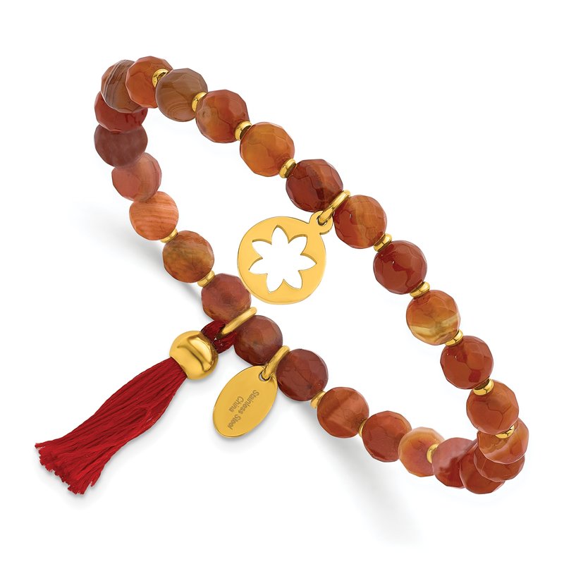 Stainless Steel Polished Yellow IP-plated Flower 6mm Orange Agate Beaded with Tassel Stretch Bracelet