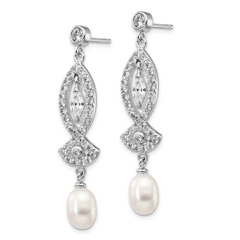 Sterling Silver Rhodium-plated Teardrop Freshwater Cultured Pearl and Marquise-cut/Brilliant-cut CZ Post Dangle Earrings