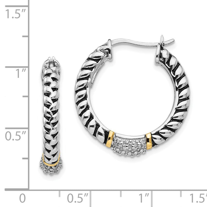 Sterling Silver with 14K Accent Antiqued Diamond Hoop Earrings