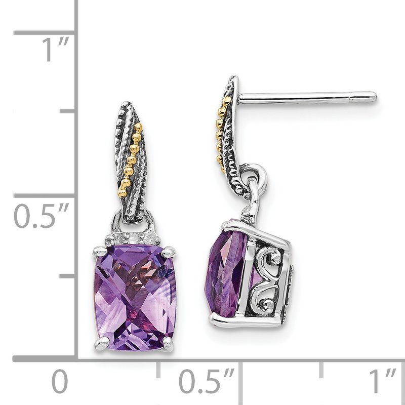 Sterling Silver with 14K Accent Antiqued Diamond and Cushion Amethyst Dangle Post Earrings