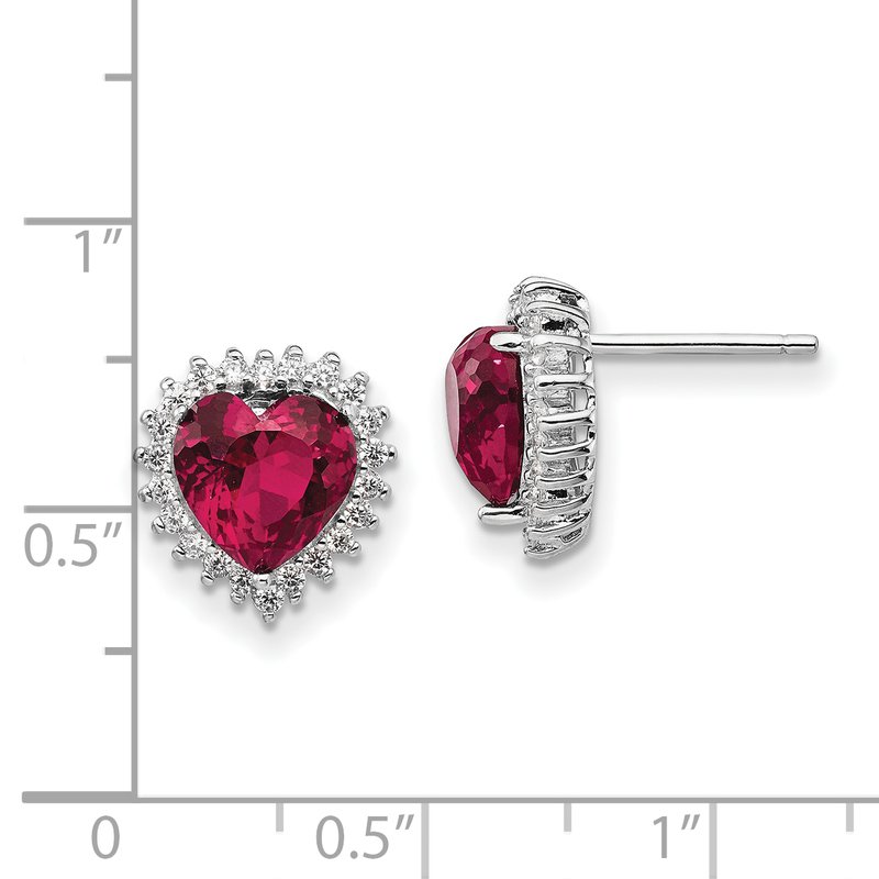 Sterling Silver Rhodium-plated 100 Facet Lab Created Ruby and Brilliant-cut White CZ Heart Halo Post Earrings