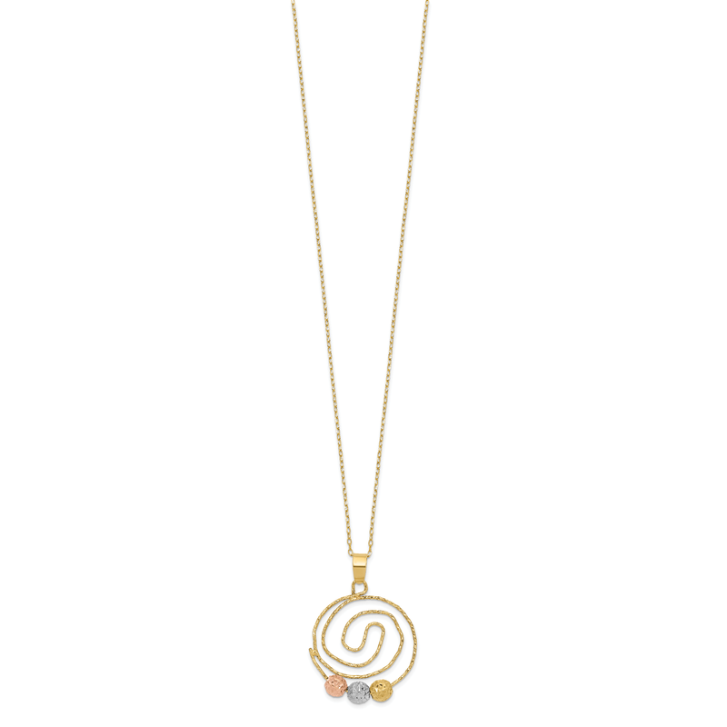 14k Tri-color Diamond-cut Beads on Spiral Pendant 18 inch Necklace