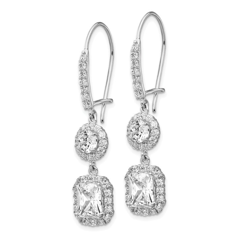 Sterling Silver Rhodium-plated Elongated Cushion-cut and Brilliant-cut CZ Halo Kidney Wire Dangle Earrings