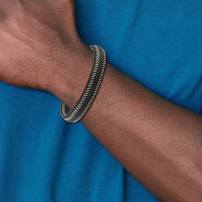Stainless Steel Polished Braided Wire and Black Leather Adjustable 8 to 8.5 inch Bracelet