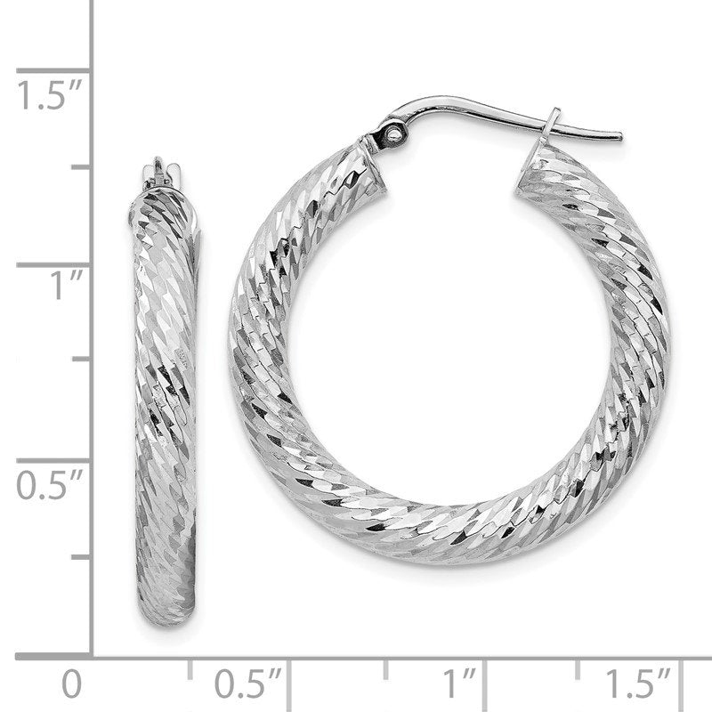 14k 4x20mm White Gold Diamond-cut Round Hoop Earrings
