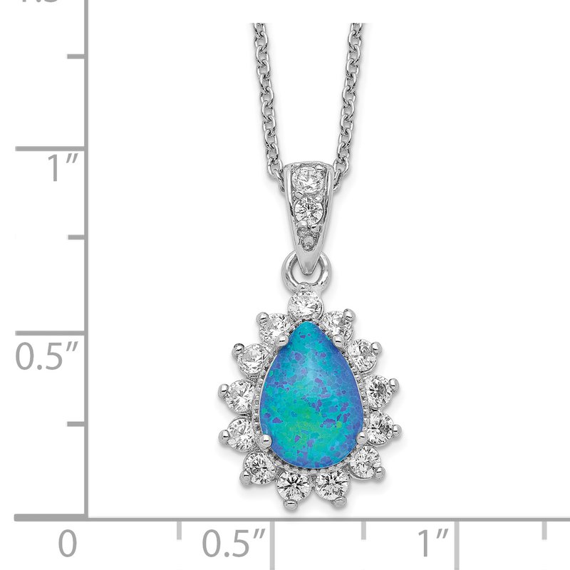 Sterling Silver Rhodium-plated Cabochon Lab Created Blue Opal and Brilliant-cut CZ Pear 18 Inch Necklace