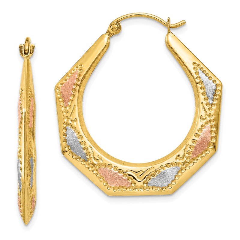 14K &amp; White and Rose Rhodium Hollow Hoop Earrings